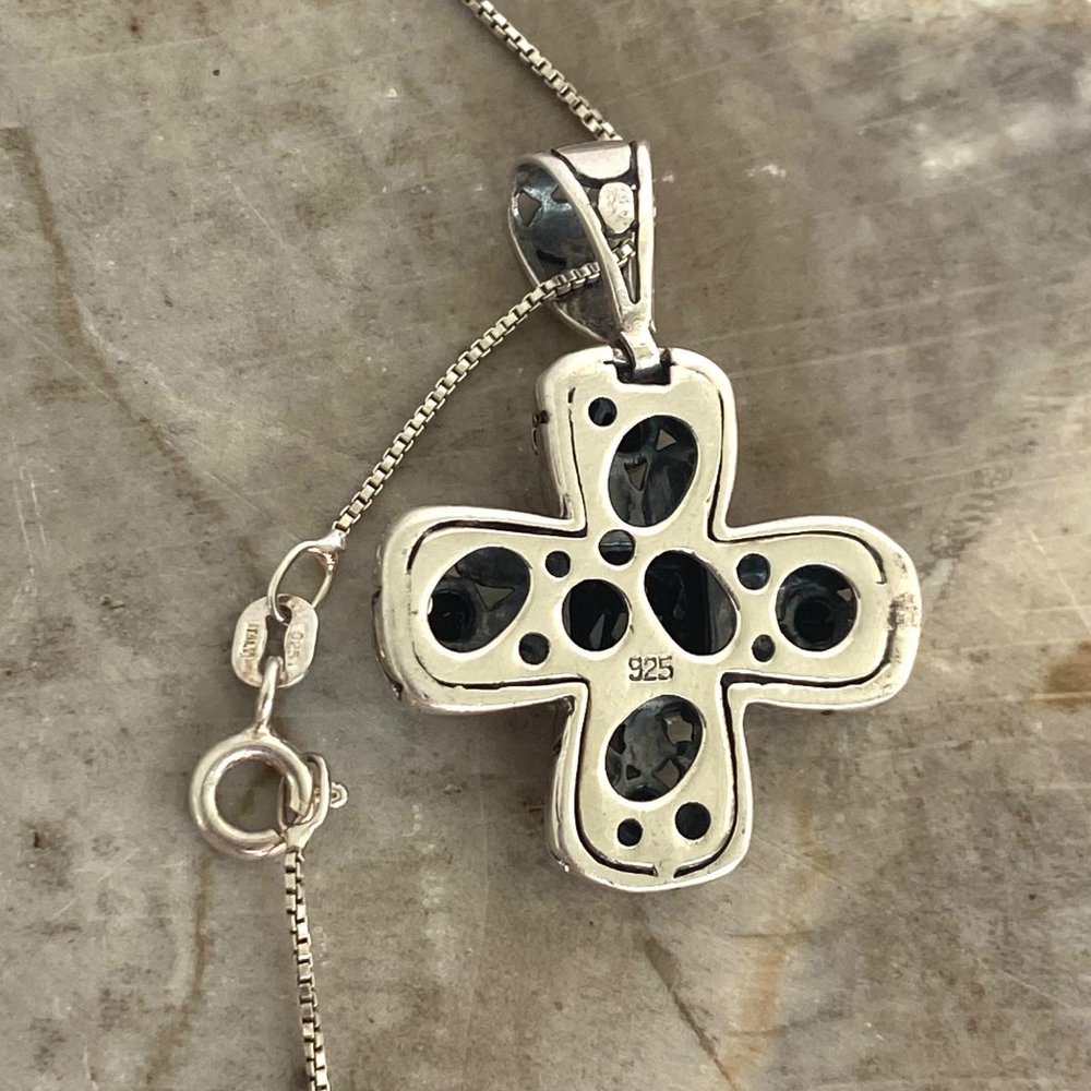 Sterling Silver 925 Black Tourmaline Glass Cross Pendant Necklace 18" Box Chain - Picture 9 of 16